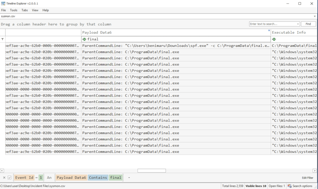 Screenshot: Let's filter by what we know, the last malicious executable is final.exe, let's see whats been created from it