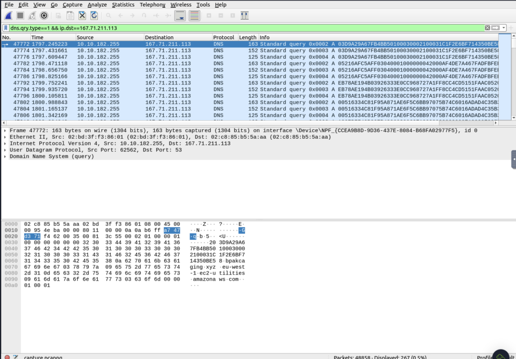 Screenshot: Not sure why that didn't work let's try another way. We will try to dump the same data straight out of wireshark by filtering by the destination IP address (1 of 2)
