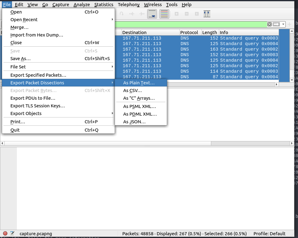 Screenshot: Not sure why that didn't work let's try another way. We will try to dump the same data straight out of wireshark by filtering by the destination IP address (2 of 2)