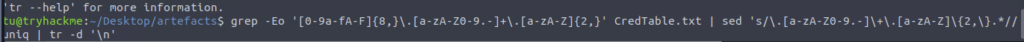 Screenshot: grep is life (grep is dooing the hex extraction for us, sed is tidying it up)