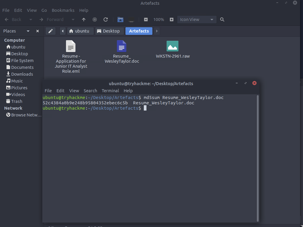 Screenshot: Lets save the doc then run md5sum