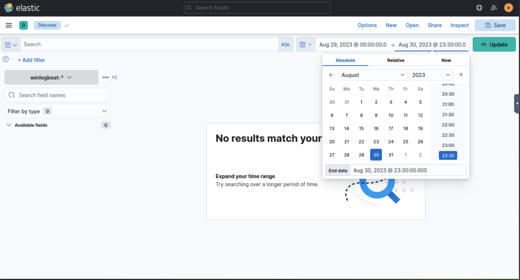 Screenshot: Log into elastic via the machine IP, using the browser, navigate to the Discover page using the lefthand panel then adjust the date range... (1 of 2)