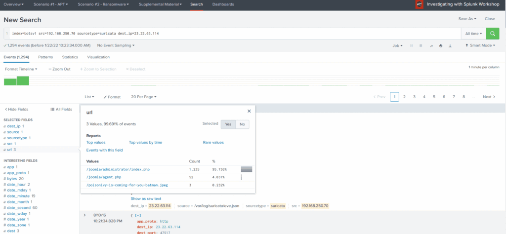 Screenshot: Search Query: index=botsv1 url='/poisonivy-is-coming-for-you-batman.jpeg' dest_ip='192.168.250.70' | table _time src dest_ip http.hostname...