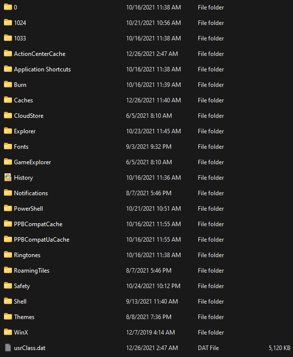 Screenshot: The USRCLASS.DAT hive is located in the directory C:\Users<username>\AppData\Local\Microsoft\Windows.