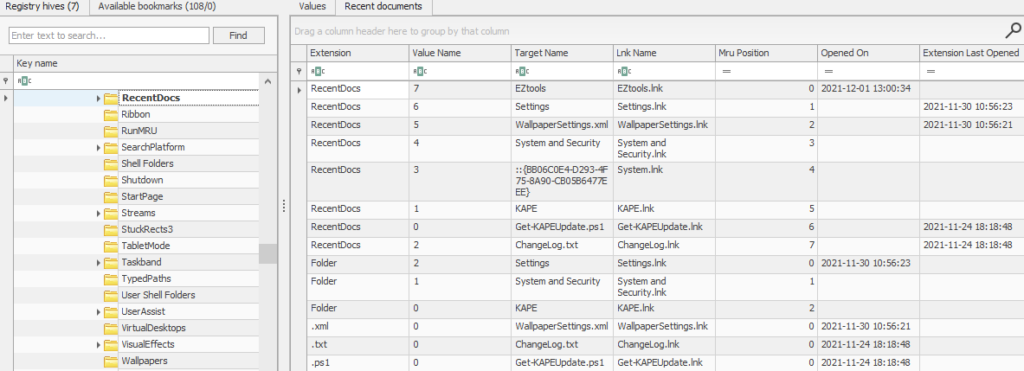 Screenshot: NTUSER.DATSoftwareMicrosoftWindowsCurrentVersionExplorerRecentDocs