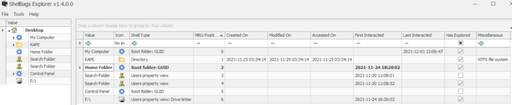 Screenshot: Registry Explorer doesn't give us much information about ShellBags. However, another tool from Eric Zimmerman's tools called the ShellBag...