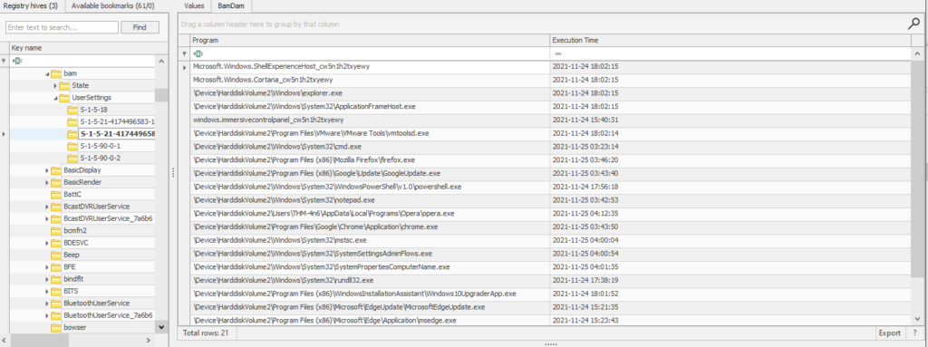 Screenshot: Below you can see how Registry Explorer parses data from BAM