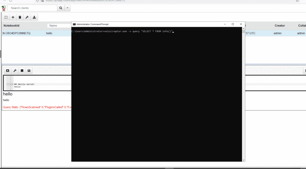 Screenshot: For this example, VQL is run from the command line querying an agent for details such as its hostname.