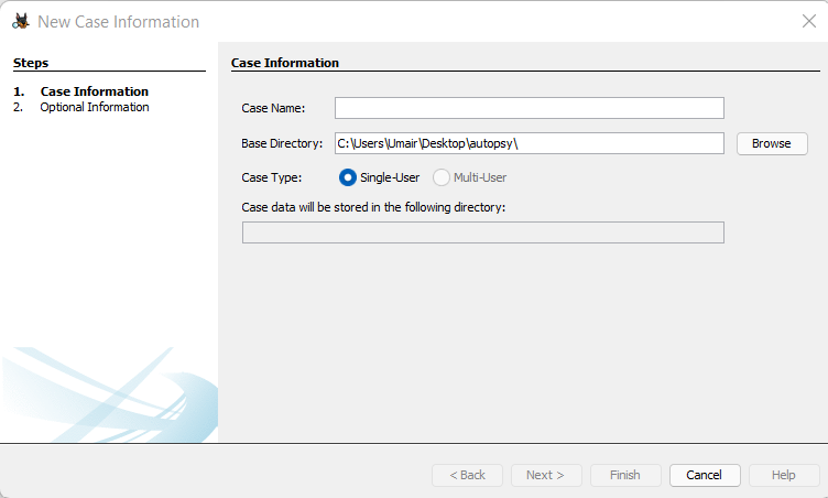 Screenshot: Click on the 'New Case' Option. You will find a window similar to the following