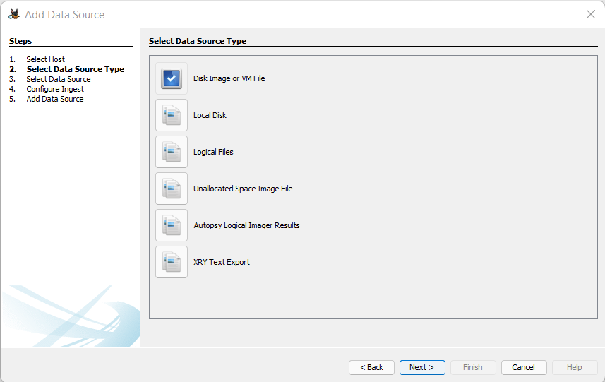 Screenshot: You will see this screen. Since we will be performing analysis on a disk image, select the topmost option, Disk Image or VM File.