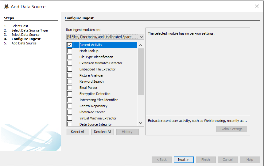 Screenshot: In the Window where Autopsy asks about ingest modules to process data, check the box in front of 'Recent Activity' and uncheck everything...