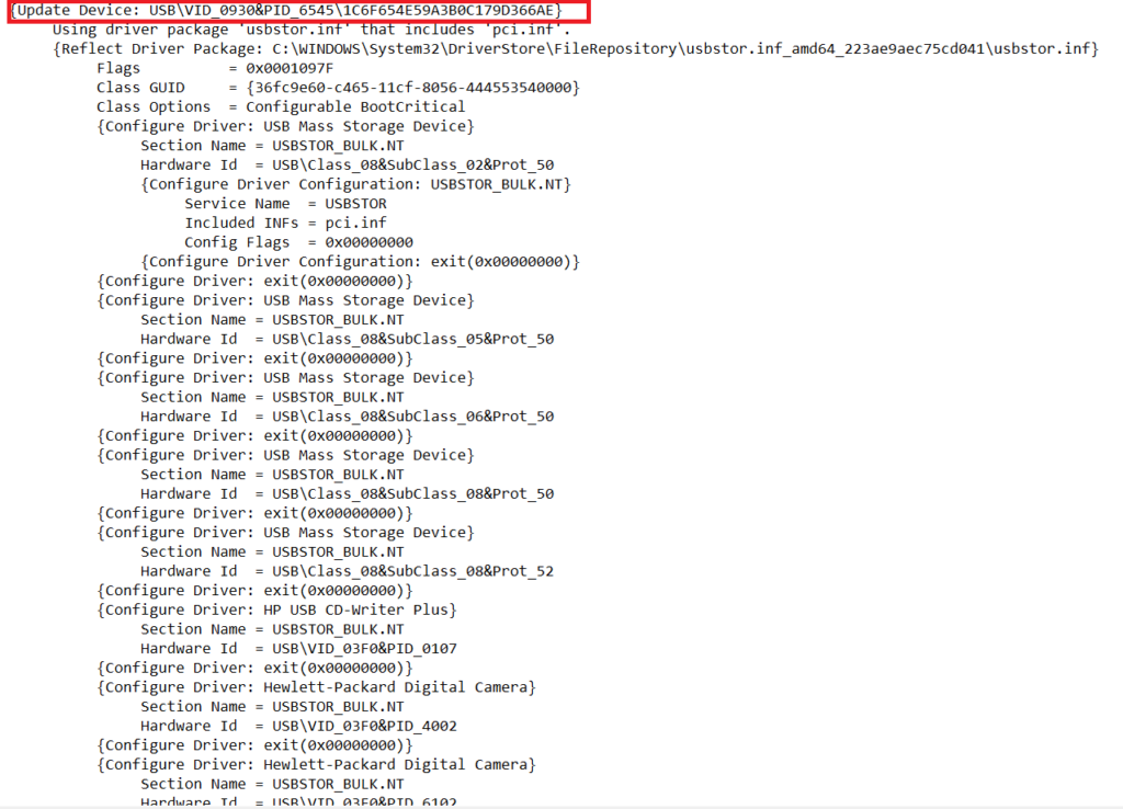 Screenshot: This log contains the device serial number and the first/last times when the device was connected.