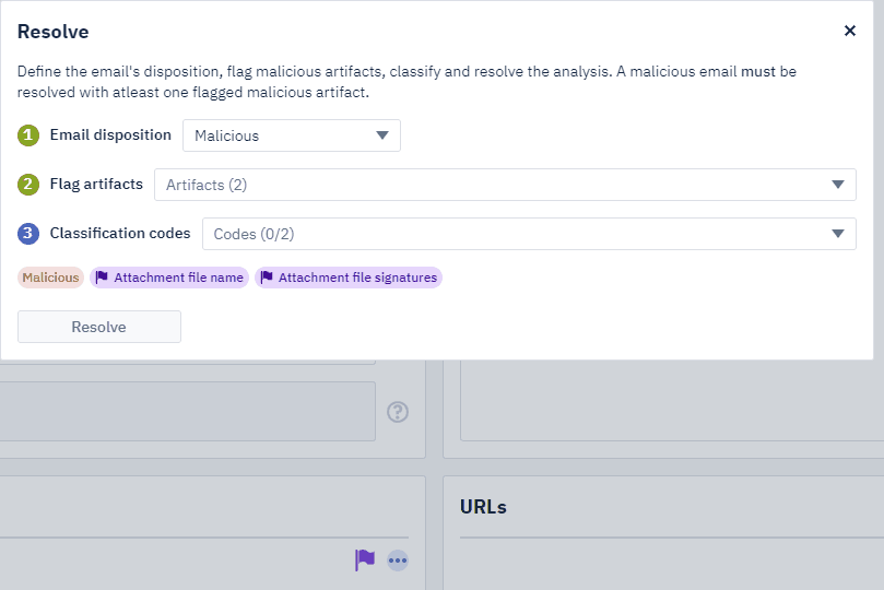 Screenshot: In the next screen, an analyst can mark the email based on dropdown selections. Refer to the GIF below.
