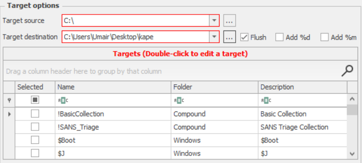 Screenshot: If we want to perform forensics on the same machine on which KAPE is running, we will provide C: for the Target source. We can select the...