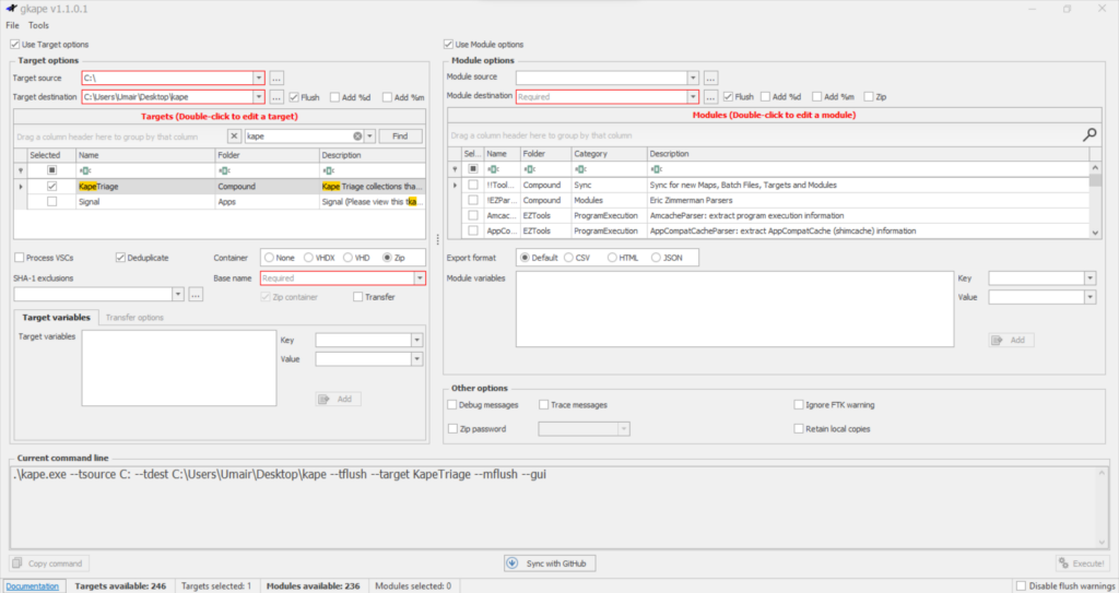 Screenshot: By checking the Use Module Options checkbox, the right side of the KAPE Window will also be enabled.