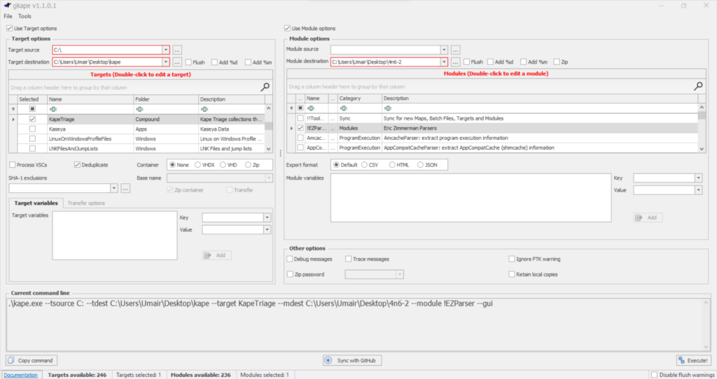 Screenshot: Below you will see what the configuration looks like when we have KAPE all set up for collecting Targets and processing them using Modules.