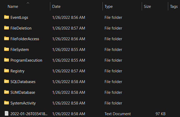 Screenshot: Notice that at the backend, KAPE is running the kape.exe in a command line. We can check out the files created by KAPE once it completes...
