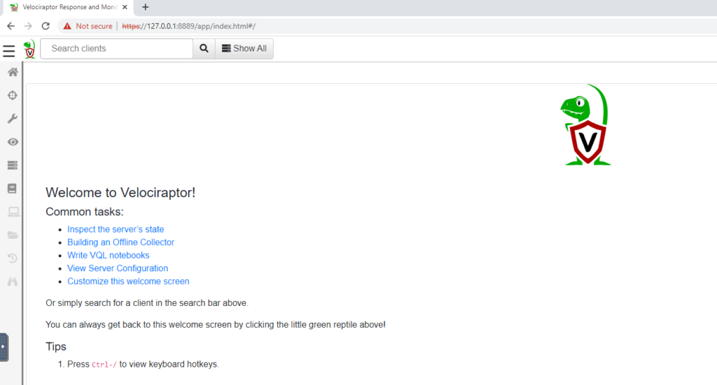 Screenshot: If all goes well, you should see the Velociraptor Welcome screen.