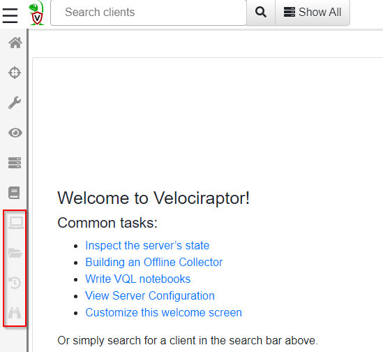 Screenshot: If you didn't notice, some links are grayed out when you first log into Velociraptor. See below.