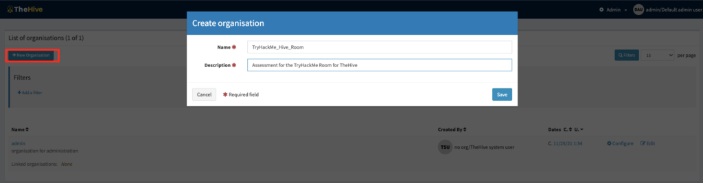 Screenshot: TheHive offers an administrator the ability to create an organisation group to identify the analysts and assign different roles based on a...