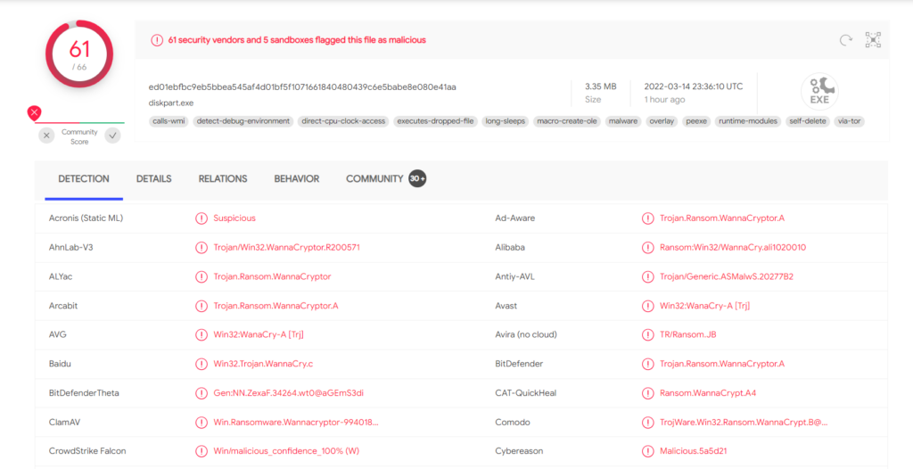 Screenshot: VirusTotal has a mix of handy features. It provides scan results from 60+ AV vendors and each AV vendor's classification to the sample.