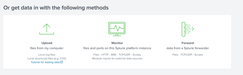 Screenshot: An example of how Splunk provides various methods for log Ingestion is shown below