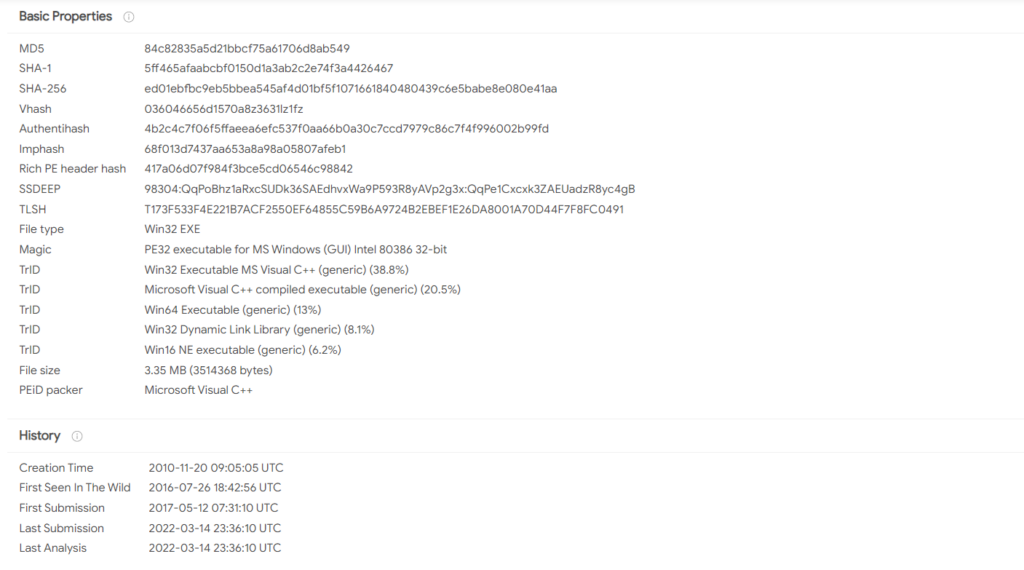 Screenshot: The details tab lists the history of the sample, the first submission, the last submission, and the metadata of the sample.