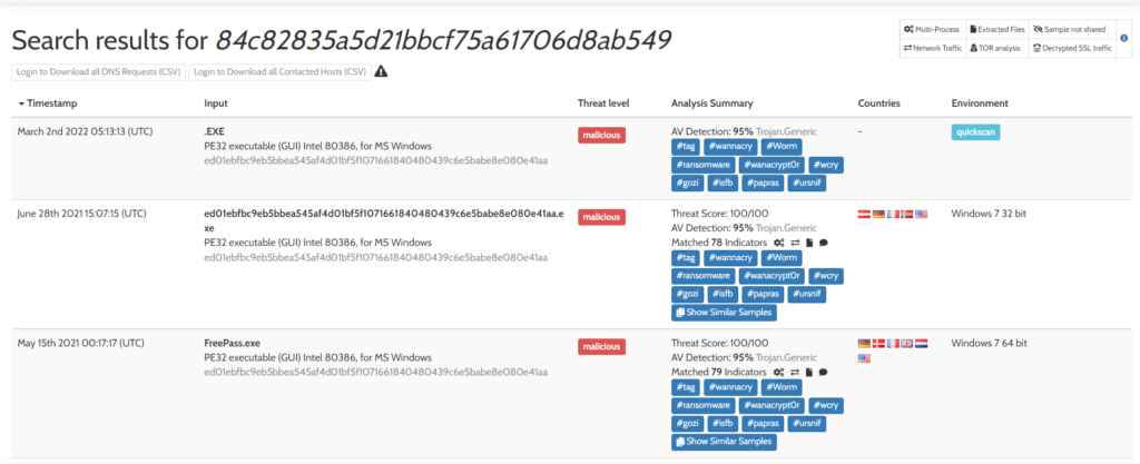 Screenshot: As we mentioned, we will not be submitting a sample. Instead, we will search for the hash of our sample. Therefore, we will search for the...