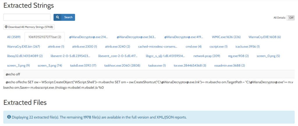 Screenshot: Extracted strings and extracted files are also available in the report. These can provide information about the batch scripts we saw in the...