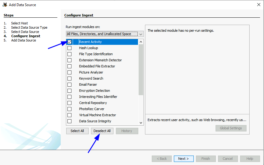 Screenshot: Note:_ _When using the Autopsy Tool, you can speed up the load times by only selecting 'Recent Activity' when configuring the Ingest...