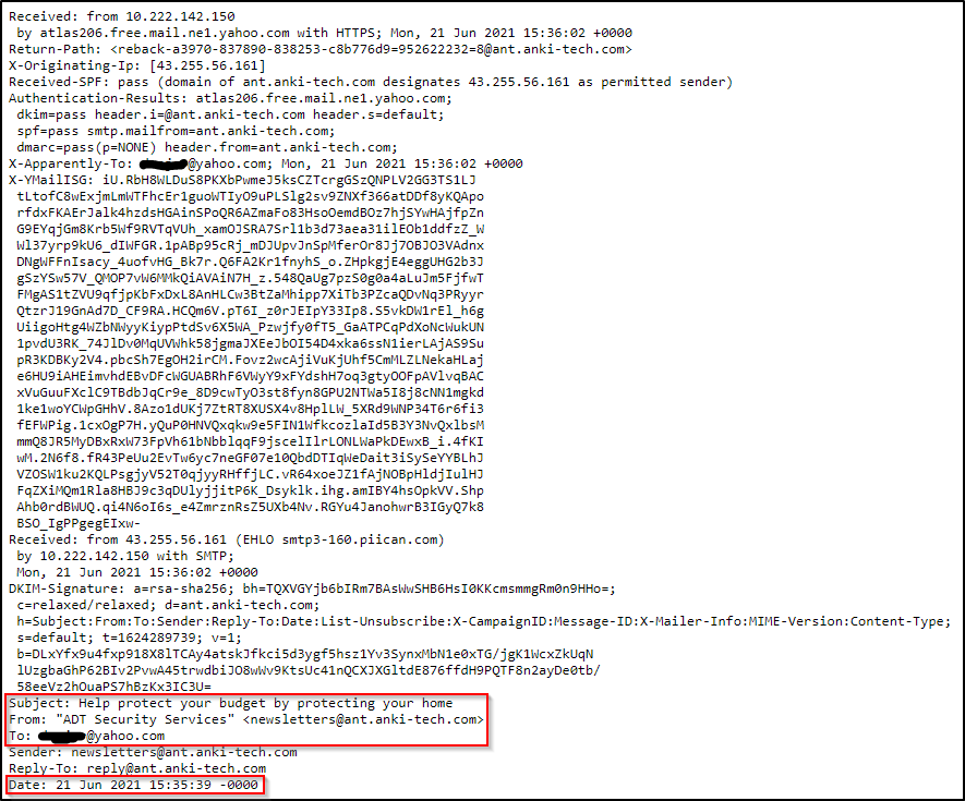 Screenshot: Below is a snippet of the raw message for the email sample.