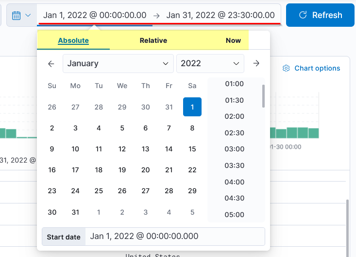 Screenshot: The time filter allows us to apply a log filter based on the time. It has many options to choose from.