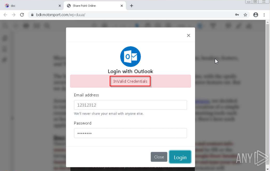 Screenshot: Our victim chose to log in with Outlook because, per the instructions, '_To read the document, please enter with the valid email...