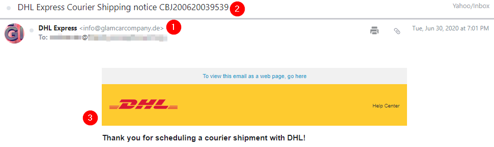 Screenshot: The HTML in the email body was designed to look like it was sent from DHL.
