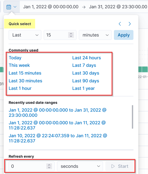 Screenshot: The Quick Select tab is another useful tab within the Kibana interface that provides multiple options to select from. The Refresh, Every...