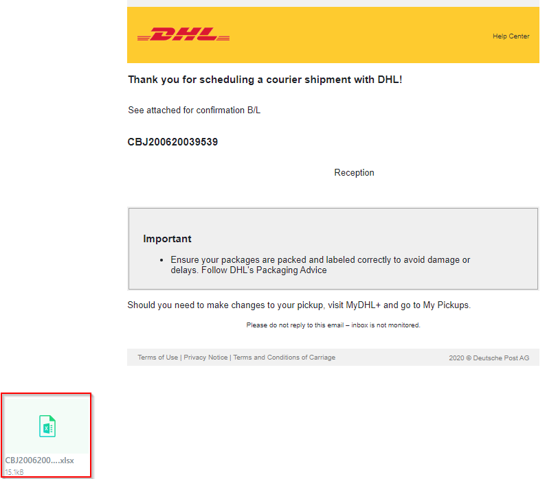 Screenshot: The only element the victim can interact with in this email is the email attachment, which, in this case is an Excel document.