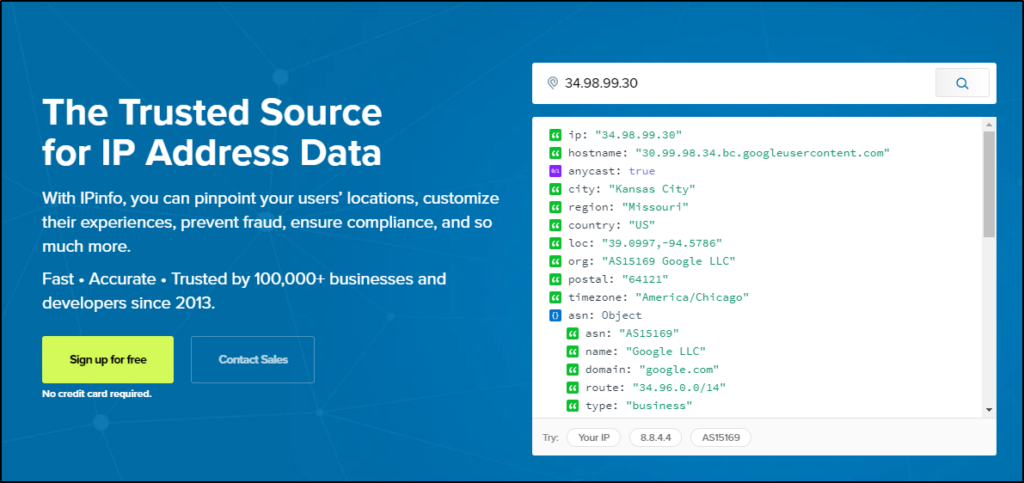 Screenshot: Per the site, '_With IPinfo, you can pinpoint your users' locations, customize their experiences, prevent fraud,...