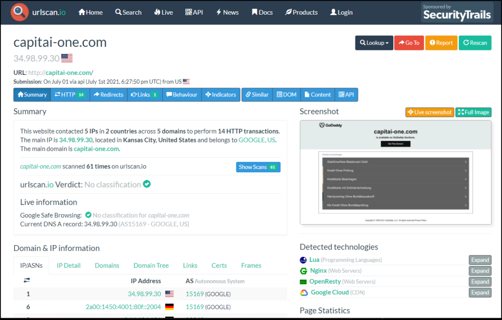 Screenshot: Per the site, '_urlscan.io is a free service to scan and analyse websites. When a URL is submitted to...