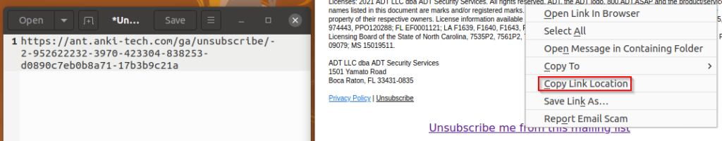 Screenshot: Below is an example of obtaining a link manually from an email by right-clicking the link and choosing Copy Link Location.