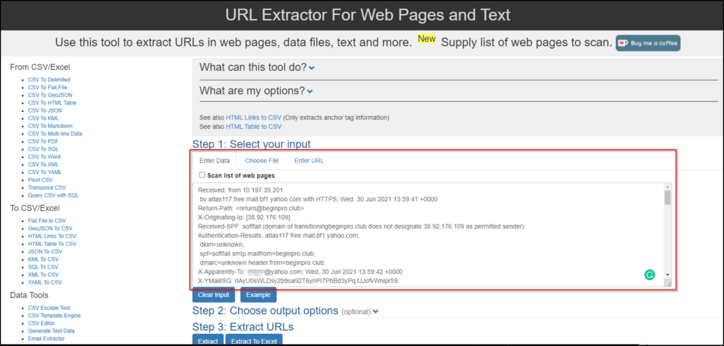 Screenshot: You can copy and paste the raw header into the text box for Step 1: Select your input.