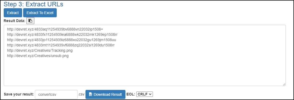 Screenshot: The extracted URLs are visible in Step 3.