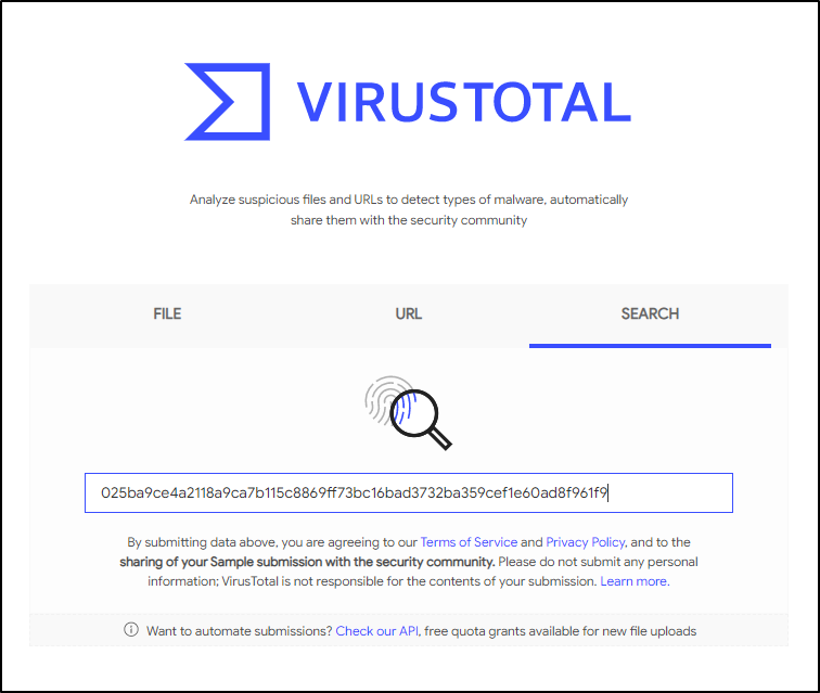 Screenshot: Per the site, 'Analyze suspicious files and URLs to detect types of malware, automatically share them... (1 of 2)