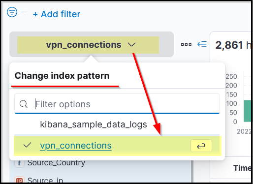 Screenshot: In the attached lab, we will be exploring the index pattern with the name vpn_connections that contains the VPN logs.