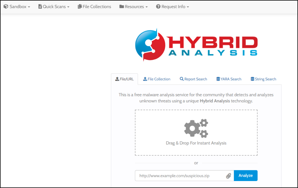 Screenshot: Per the site, _'This is a free malware analysis service for the community that detects and analyzes unknown threats using a unique Hybrid...