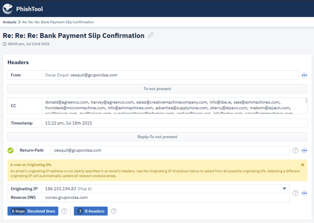 Screenshot: Below are a few screenshots of the malicious email and the PhishTool interface.