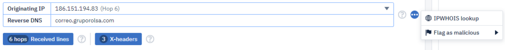 Screenshot: We can obtain information about the SMTP relays, specific X-header information, and IP info information.
